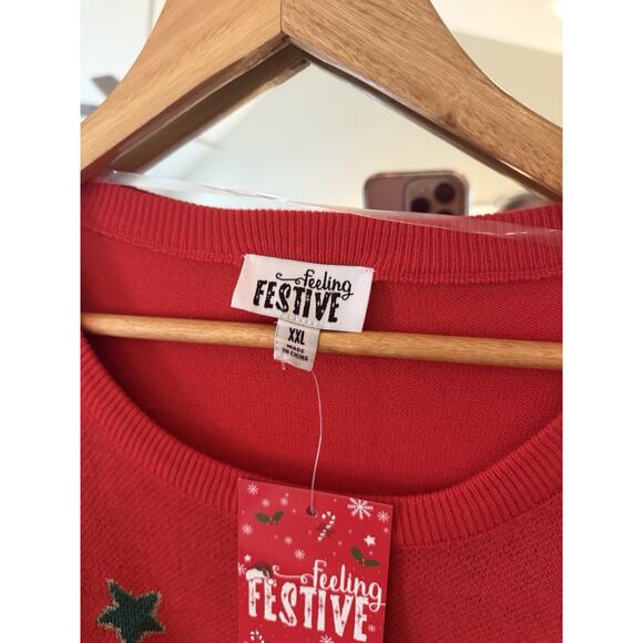 Feeling Festive Ugly Christmas Sweater Holiday Party Red Stockings Hats XXL - Picture 3 of 4